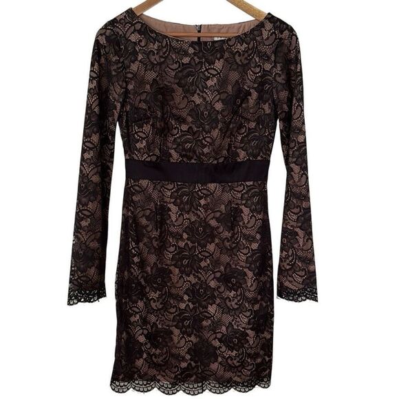 Trina Turk Dentelle Black Lace Dress Size 4 Long Sleeve Over Silk - Picture 1 of 9